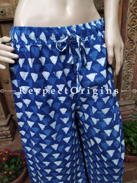 The Indigo Series: Classic Blues in Hand Block Prints on Soft Cotton; Modish Palazzo Pants with Elasticated Waists; Length 40 Inches; RespectOrigins.com