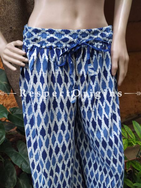 The Indigo Series: Delightful Blues in Hand Block Prints on Soft Cotton; Palazzo Pants with Stripes & Elasticated Waists; Length 40 Inches; RespectOrigins.com