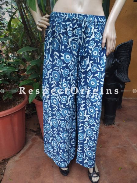 The Indigo Series: Refreshing Blues in Hand Block Prints on Soft Cotton; Floral Palazzo Pants with Elasticated Waists; Length 40 Inches; RespectOrigins.com