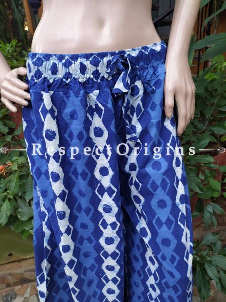 The Indigo Series: Summery Blues in Hand Block Prints on Soft Cotton; Palazzo Pants with Geometrical Design & Elasticated Waists; Length 40 Inches ; RespectOrigins.com