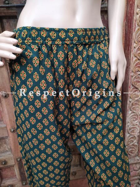 Sea Green Pure Cotton Block Printed Elasticated Waist Harem Pants or Palazzo; Free Size; RespectOrigins.com
