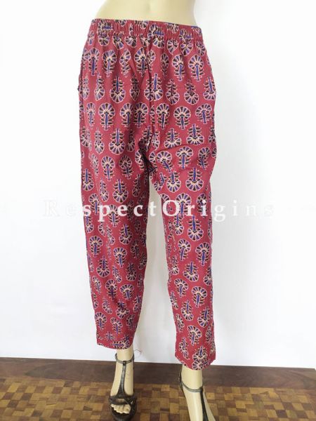 Red Pure Cotton Block Printed Elasticated Waist Harem Pants or Palazzo; Free Size; RespectOrigins.com