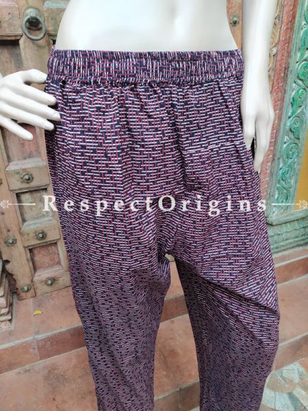 Purple Pure Cotton Block Printed Elasticated Waist Harem Pants or Palazzo; Free Size; RespectOrigins.com