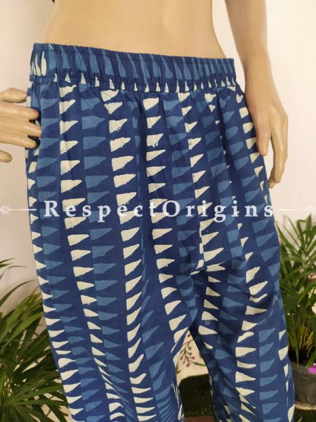 The Indigo Series: Exquisite Blues in Hand Block Prints on Soft Cotton; Casual Palazzo Pants with Elasticated Waists; Length 40 Inches; RespectOrigins.com