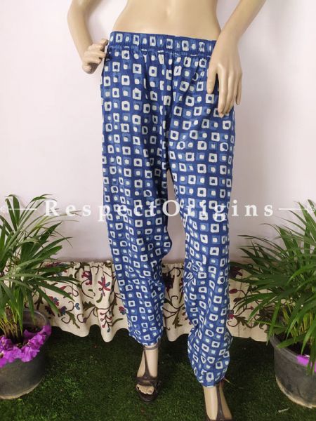 The Indigo Series: Fashionable Palazzo Pants with Elasticated Waists;Magical Blues in Hand Block Prints on Soft Cotton; Length 40 Inches; RespectOrigins.com