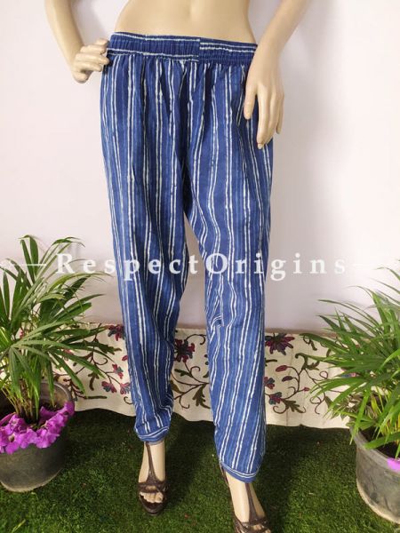 The Indigo Series: Summery Blues in Hand Block Prints on Soft Cotton; Palazzo Pants with Elasticated Waists; Length; 40 Inches; RespectOrigins.com
