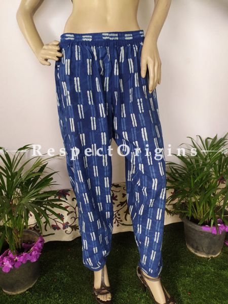 The Indigo Series: Breezy Blues in Hand Block Prints on Soft Cotton; Graceful Palazzo Pants with Elasticated Waists; Length 40 Inches; RespectOrigins.com