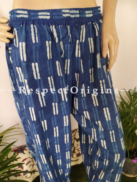 The Indigo Series: Breezy Blues in Hand Block Prints on Soft Cotton; Graceful Palazzo Pants with Elasticated Waists; Length 40 Inches; RespectOrigins.com
