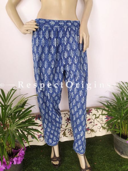 The Indigo Series: Pretty Palazzo Pants with Elasticated Waists; Summery Blues in Hand Block Prints on Soft Cotton; Length 40 Inches; RespectOrigins.com