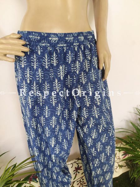 The Indigo Series: Pretty Palazzo Pants with Elasticated Waists; Summery Blues in Hand Block Prints on Soft Cotton; Length 40 Inches; RespectOrigins.com