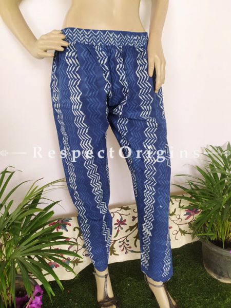 The Indigo Series: Magical Blues in Hand Block Prints on Soft Cotton; Smart Palazzo Pants with Elasticated Waists; Length 40 Inches; RespectOrigins.com