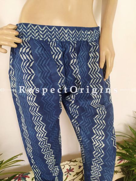 The Indigo Series: Magical Blues in Hand Block Prints on Soft Cotton; Smart Palazzo Pants with Elasticated Waists; Length 40 Inches; RespectOrigins.com