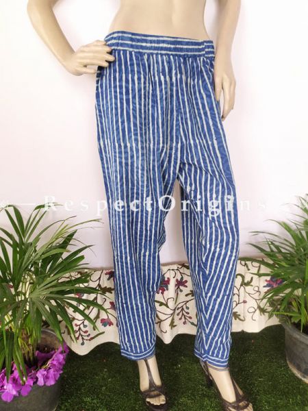 The Indigo Series: Lovely Blues in Hand Block Prints on Soft Cotton; Palazzo Pants with White Stripes & Elasticated Waists; Length 40 Inches; RespectOrigins.com