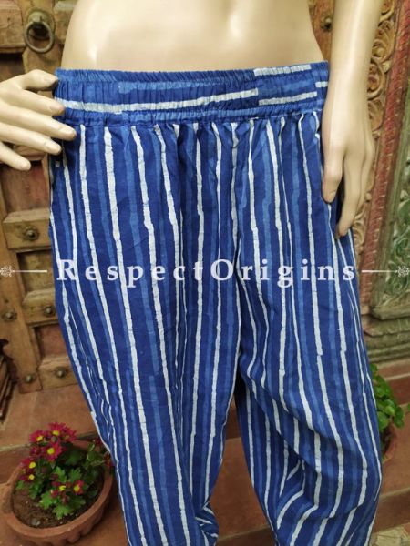 The Indigo Series: Summery Blues in Hand Block Prints on Soft Cotton; Chic Palazzo Pants with Elasticated Waists; Length 40 Inches; RespectOrigins.com