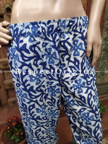 The Indigo Series: Refreshing Blues in Hand Block Prints on Soft Cotton; Stylish Palazzo Pants with Elasticated Waists; 40 Inches; RespectOrigins.com