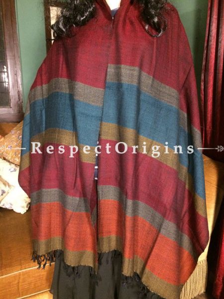 Buy Parallel Striped Hand woven Woolen Kullu Stoles From Himachal with Orange borders; Size 80 x 27 inches at RespectOrigins.com