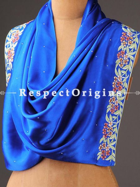 Blue Parsi Gara Embroidery Silk Stole Flower Cluster Pattern.; RespectOrigins.com
