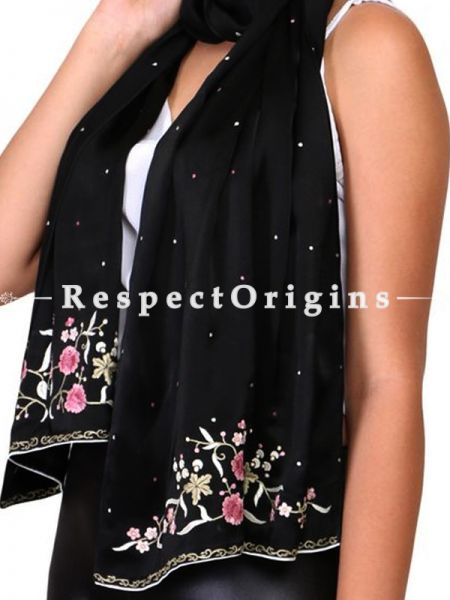 Black Pink Rose Pattern Parsi Gara Embroidered  Silk Stole.; RespectOrigins.com