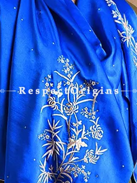 Blue Parsi Gara Embroidery silk Stole Chrysanthemum Bamboo Pattern.; RespectOrigins.com