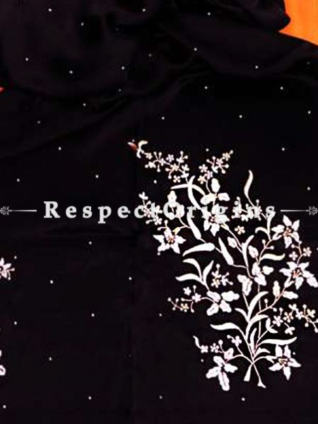 Black Lily Spray Pattern Parsi Gara Embroidered Silk Stoles.; RespectOrigins.com