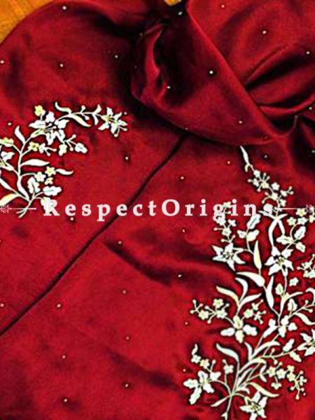 Red Lily Spray Pattern Parsi Gara Embroidered Silk Stoles.; RespectOrigins.com