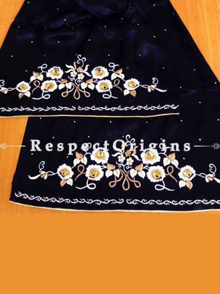 Black Large Gold Rose Pattern Parsi Gara Embroidered Silk Stole. ; RespectOrigins.com