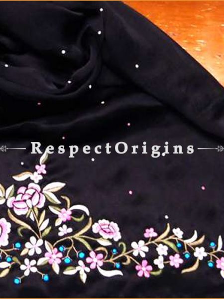 Black base Multicoloured Rose Pattern Parsi Gara Embroidered Silk Stole.; RespectOrigins.com