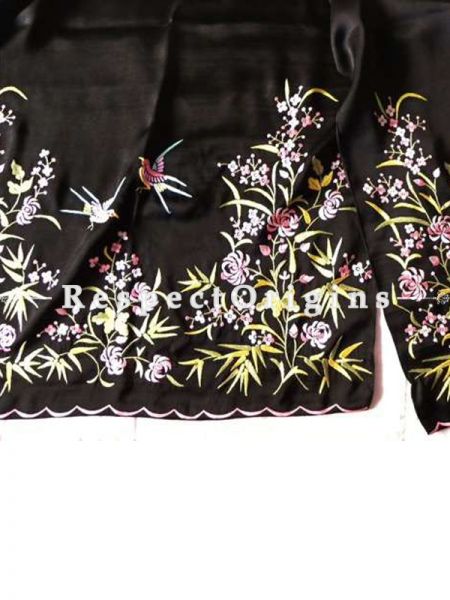 Black based Parsi Gara Embroidery Multi-Coloured Chrysanthemum and Bird Pattern Silk Stole.; RespectOrigins.com