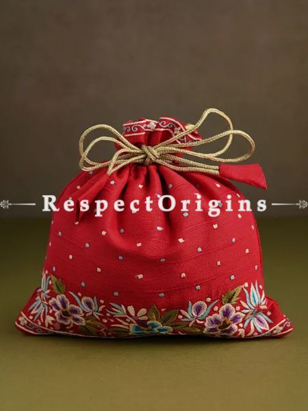 Red Parsi Gara Embroidery Potli Bag with Zinnia pattern.; RespectOrigins.com