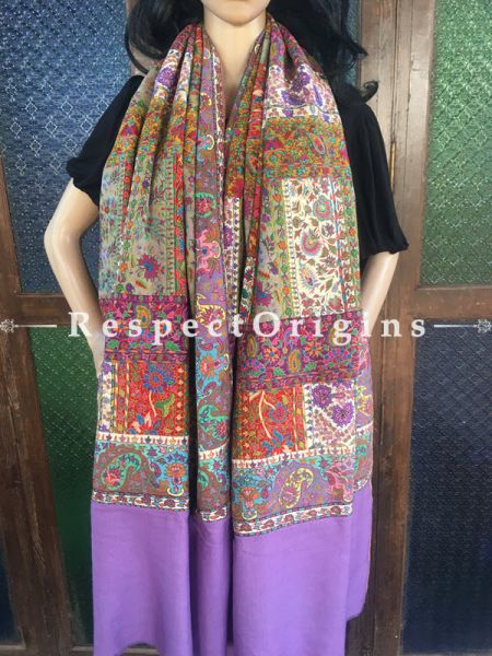 Stunning Kashmiri Pashmina Shawl with Kashidakari Embroidery on Purple Base; 80x40 In; RespectOrigins.com