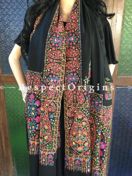 Genuine Kashmiri Pashmina Shawl with Kashidakari Embroidery on Black Base; 80x40 In; RespectOrigins.com