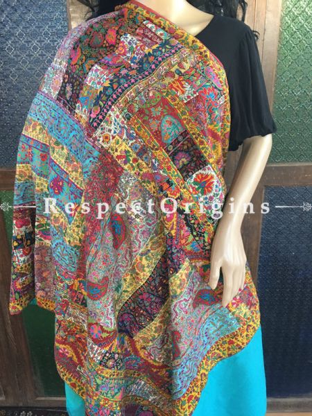 Lovely Kashmiri Pashmina Shawl with Kashidakari Embroidery on Sky Blue Base; 80x40 In; RespectOrigins.com