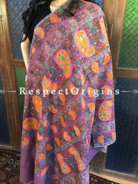Attractive & Genuine  Kashmiri Pashmina Shawl with Kashidakari Embroidery on Purple Base; 80x40 In; RespectOrigins.com