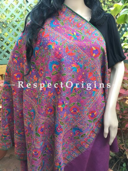 Exquiste & Genuine Kashmiri Pashmina Shawl with Kashidakari Embroidery on Purple Base; 80x40 In; RespectOrigins.com