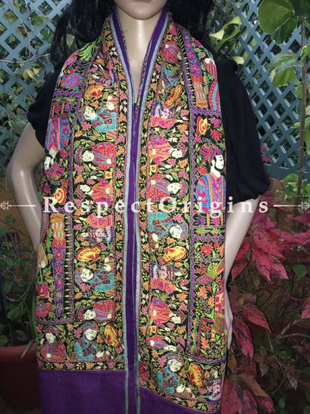 Premium Quality Kashmiri Pashmina Shawl with Kashidakari Embroidery on Purple Base; 80x40 In ; RespectOrigins.com