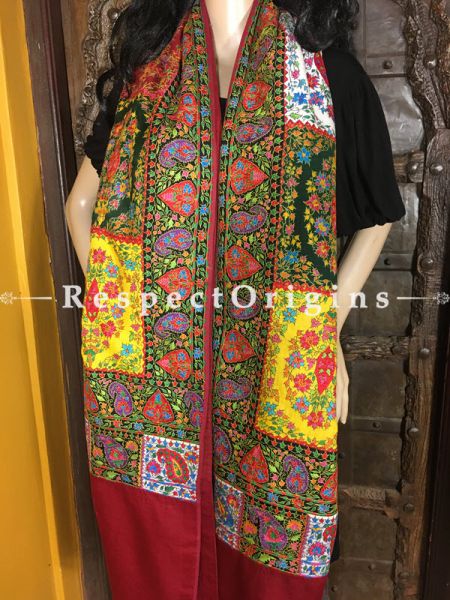 Vibrant Kashmiri Pashmina Shawl with Kashidakari Embroidery on Red Base; 80x40 In; RespectOrigins.com