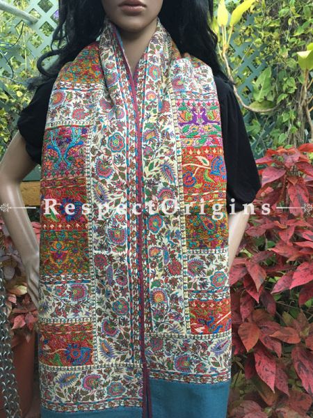Authentic Kashmiri Pashmina Shawl with Kashidakari Embroidery on White Base; 80x40 Inches; RespectOrigins.com