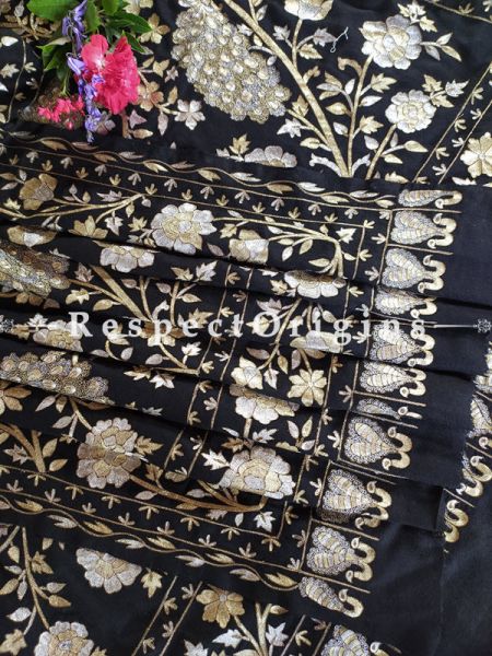 Elegant Pashmina Shawl with Gold Tilla Embroidery on Black Base; 86x46 In; RespectOrigins.com