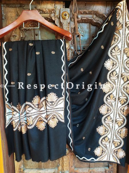 Fabulous Pashmina Shawl with Gold Tilla Embroidery on Black Base; 80x40 In; RespectOrigins.com