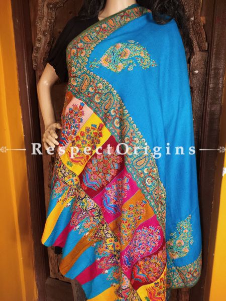 Fabulous Pashmina Shawl with Kashidakari on Turquoise Blue Base; 80x40 In; RespectOrigins.com