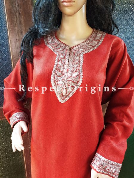 Pashmina Wollen Pheran Red Top with Tilla Embroidery; Free Size; RespectOrigins.com