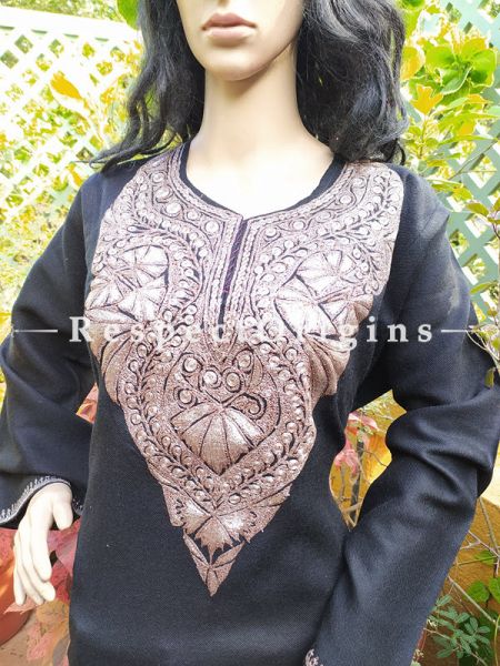 Pashmina Wollen Pheran Black Top with Tilla Embroidery; Free Size; RespectOrigins.com