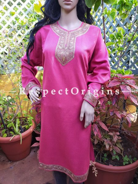 Pashmina Wollen Pheran Pink Top with Tilla Embroidery; Free Size; RespectOrigins.com