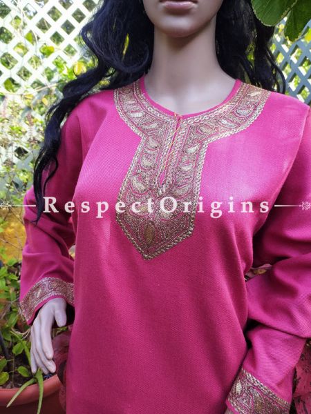 Pashmina Wollen Pheran Pink Top with Tilla Embroidery; Free Size; RespectOrigins.com