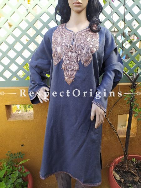Pashmina Wollen Pheran Blue Top with Tilla Embroidery; Free Size; RespectOrigins.com