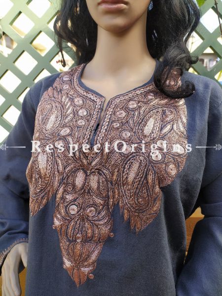 Pashmina Wollen Pheran Blue Top with Tilla Embroidery; Free Size; RespectOrigins.com
