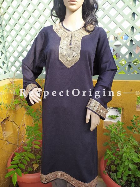 Pashmina Wollen Pheran Black Top with Tilla Embroidery; Free Size; RespectOrigins.com