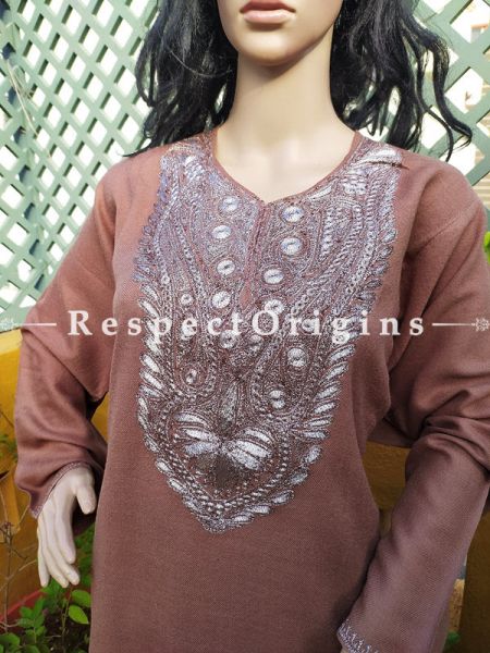 Pashmina Wollen Pheran Brown Top with Tilla Embroidery; Free Size; RespectOrigins.com