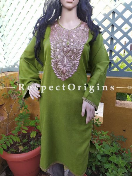 Pashmina Wollen Pheran Green Top with Tilla Embroidery; Free Size; RespectOrigins.com