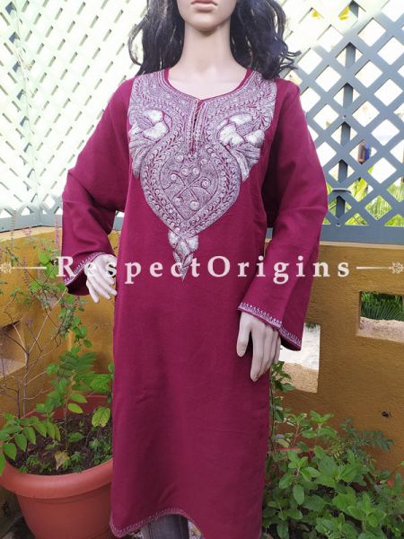 Pashmina Wollen Pheran Red Top with Tilla Embroidery; Free Size; RespectOrigins.com